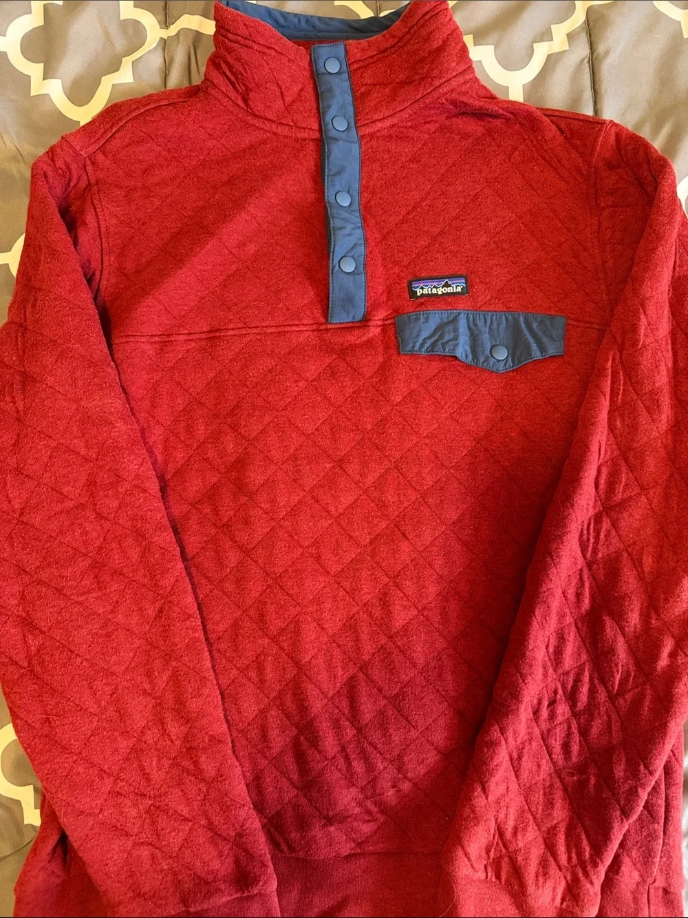 Patagonia Red Quilted Fleece Pullover with Navy Trim